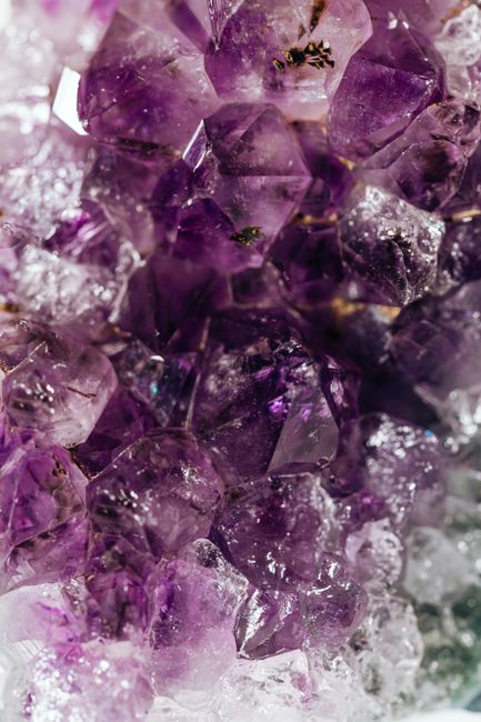 Macro close-up of violet amethyst crystal points